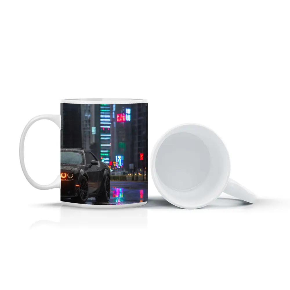 Dodge Challenger Black Rainy Neon City Street – Mugs