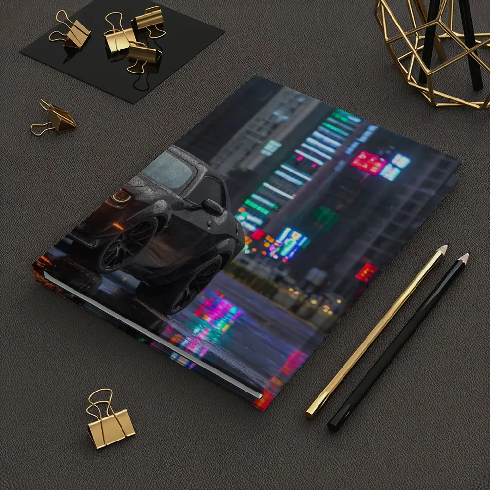 Dodge Challenger Black Rainy Neon City Street – Notebooks