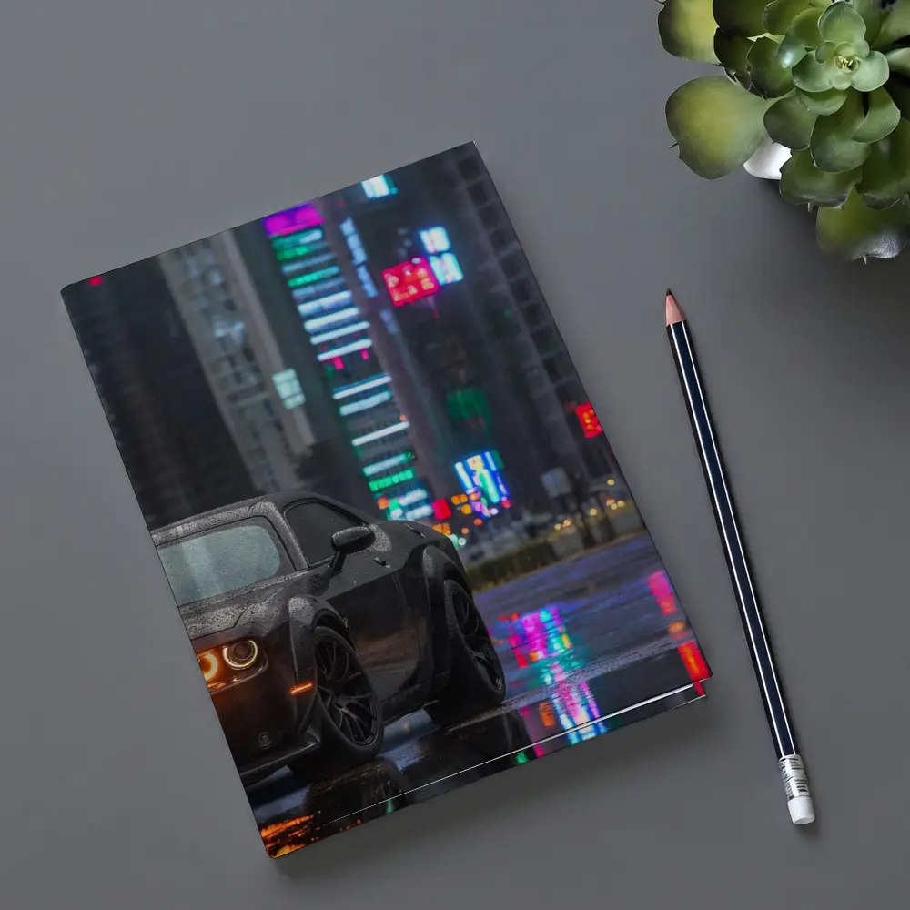 Dodge Challenger Black Rainy Neon City Street – Notebooks