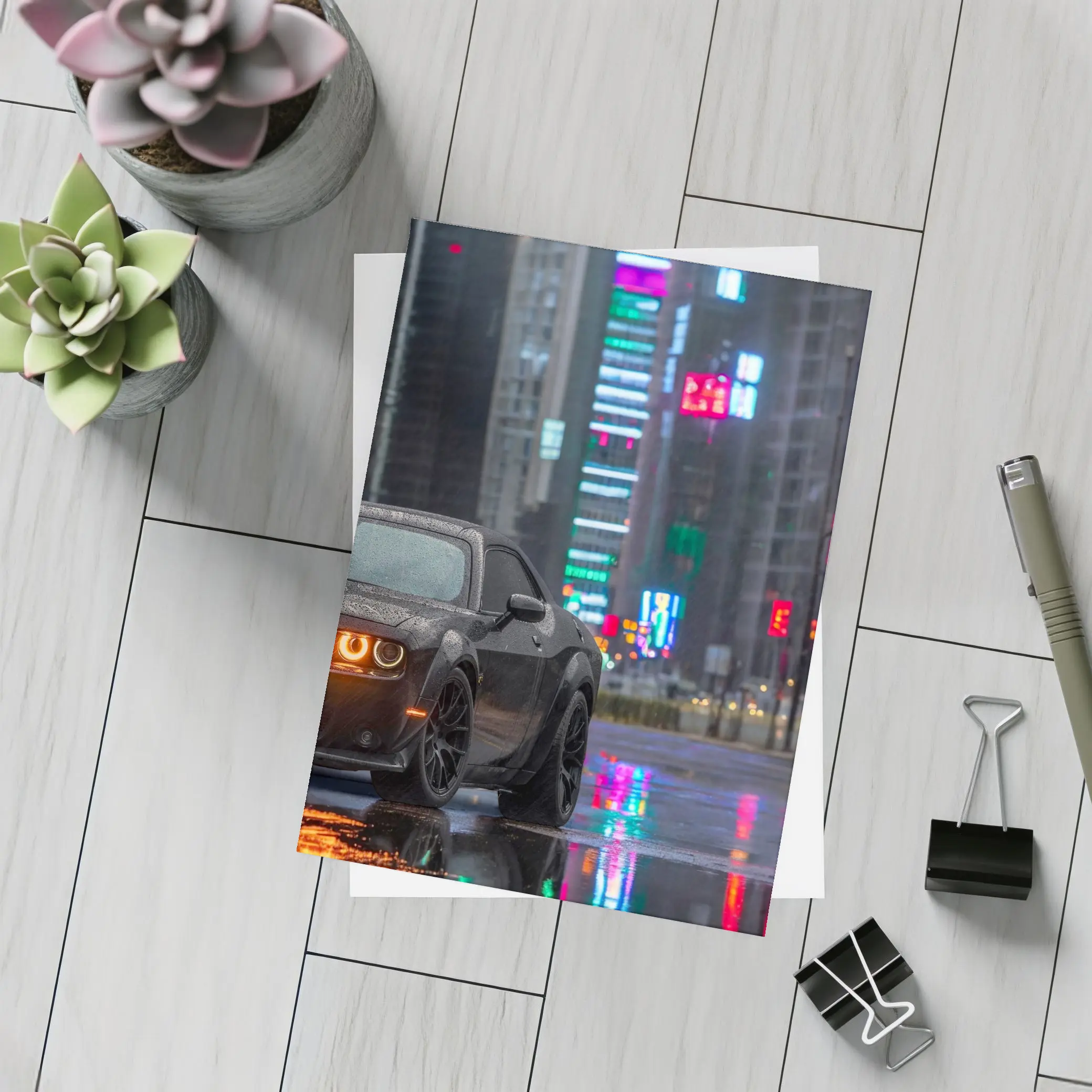 Dodge Challenger Black Rainy Neon City Street – Postcards