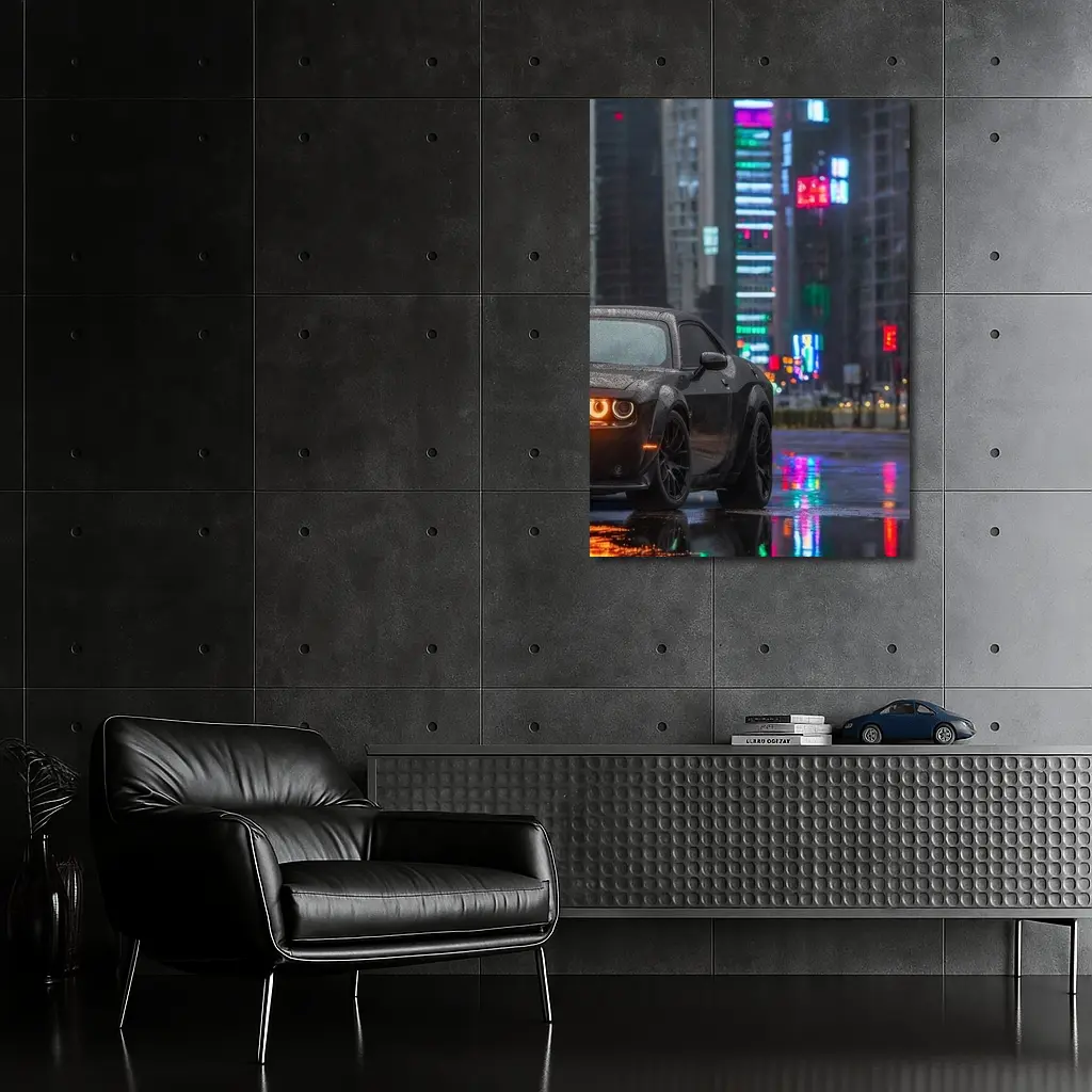 Dodge Challenger Black Rainy Neon City Street – Wall Art