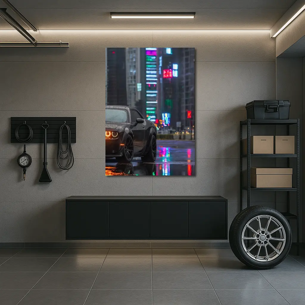 Dodge Challenger Black Rainy Neon City Street – Wall Art