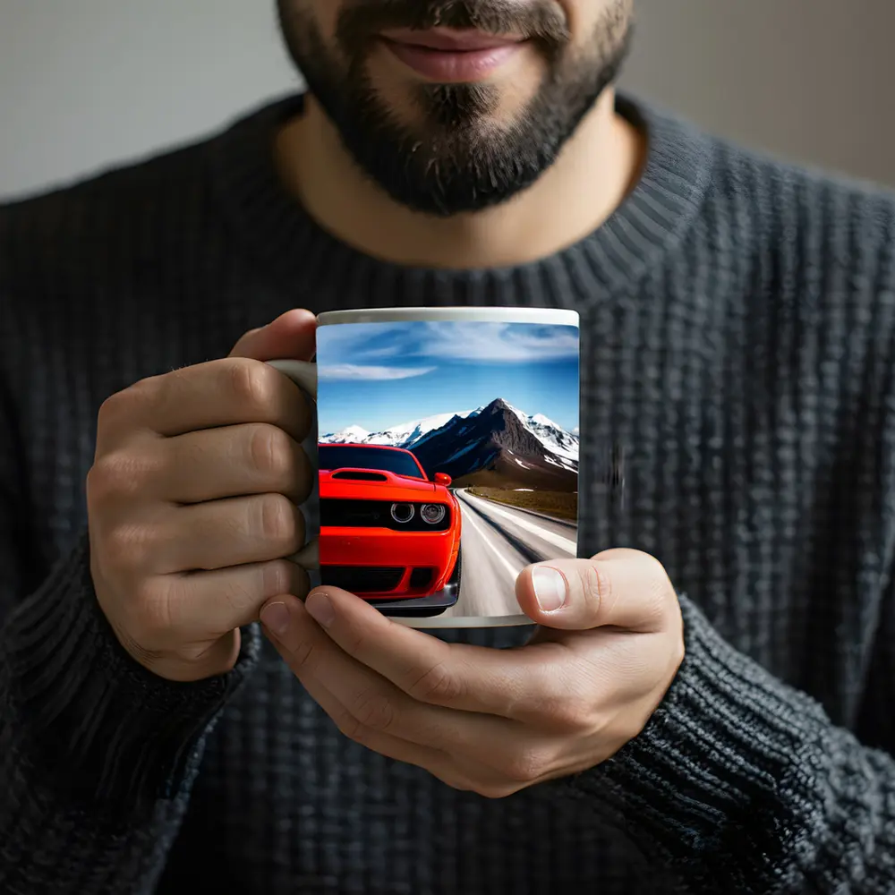 Dodge Challenger Red Speeding Mountain Road – Mugs
