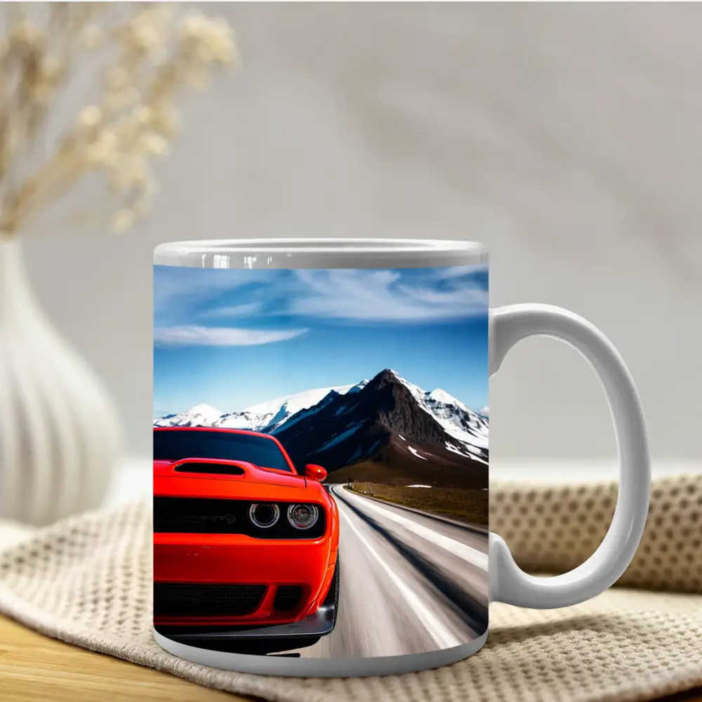 Dodge Challenger Red Speeding Mountain Road – Mugs