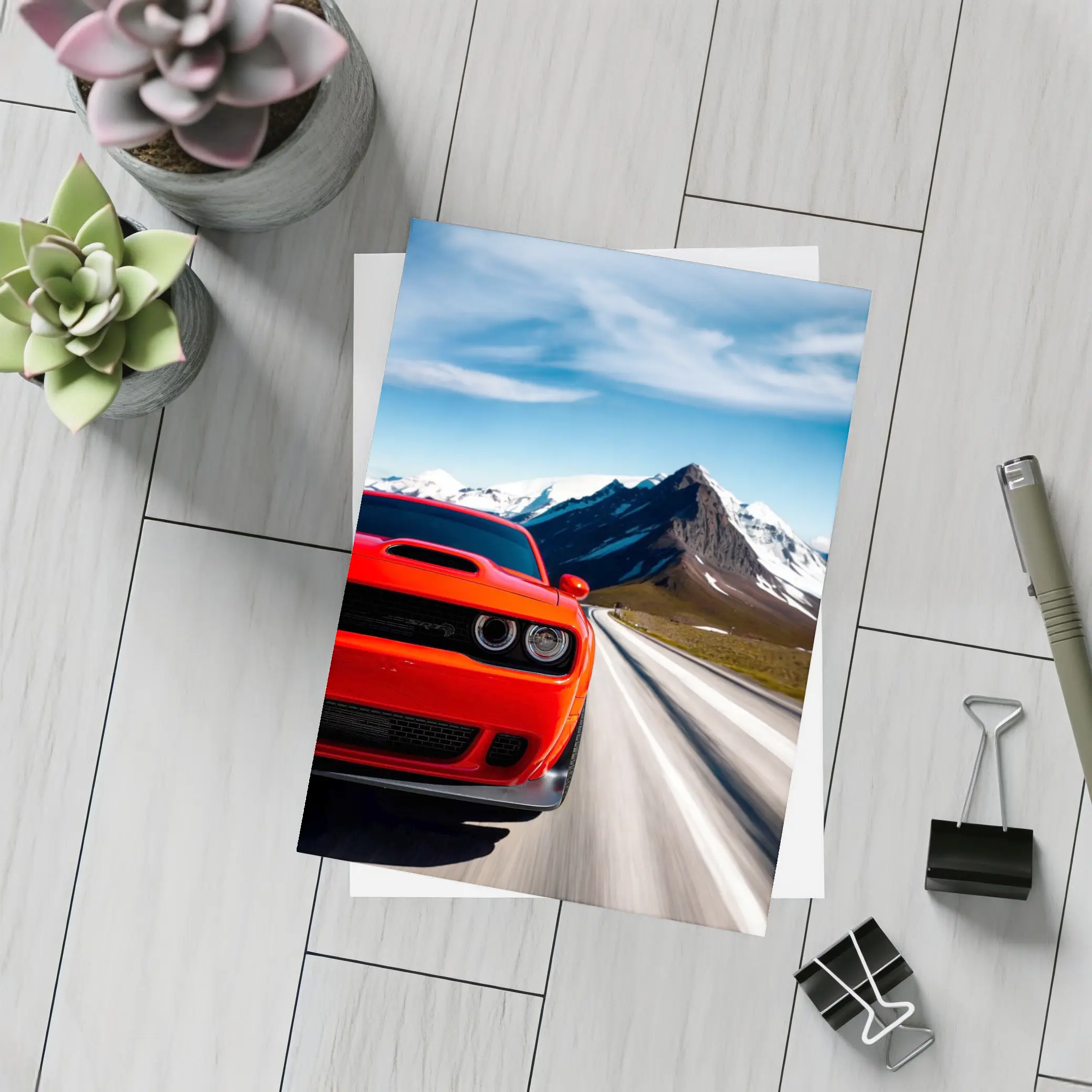 Dodge Challenger Red Speeding Mountain Road – Postcards
