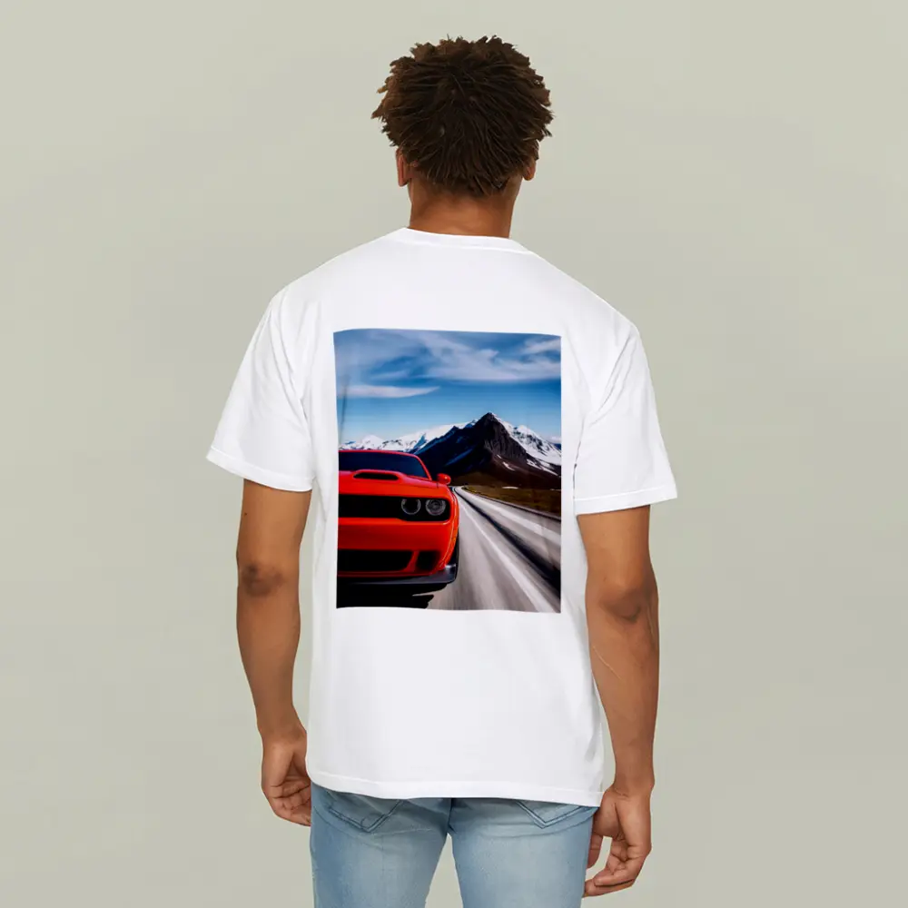 Dodge Challenger Red Speeding Mountain Road – T-Shirts