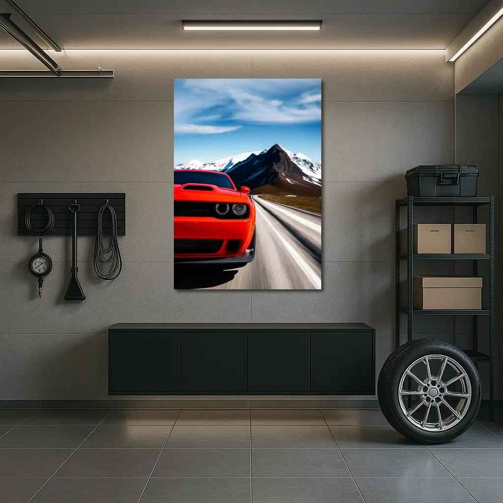Dodge Challenger Red Speeding Mountain Road – Wall Art