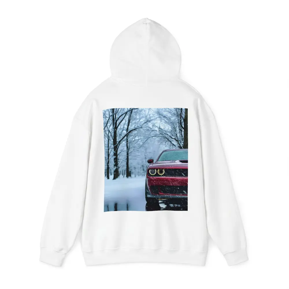 Red Dodge Challenger In Snowy Winter Forest – Hoodies