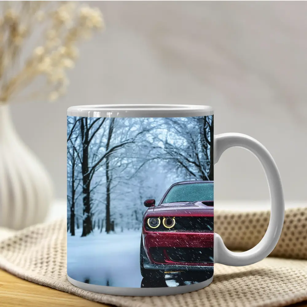 Red Dodge Challenger In Snowy Winter Forest – Mugs