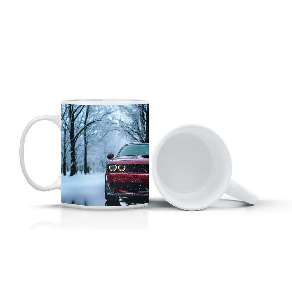 Red Dodge Challenger In Snowy Winter Forest – Mugs