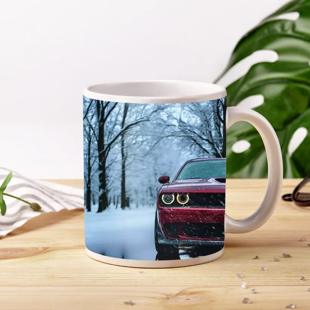 Red Dodge Challenger In Snowy Winter Forest – Mugs