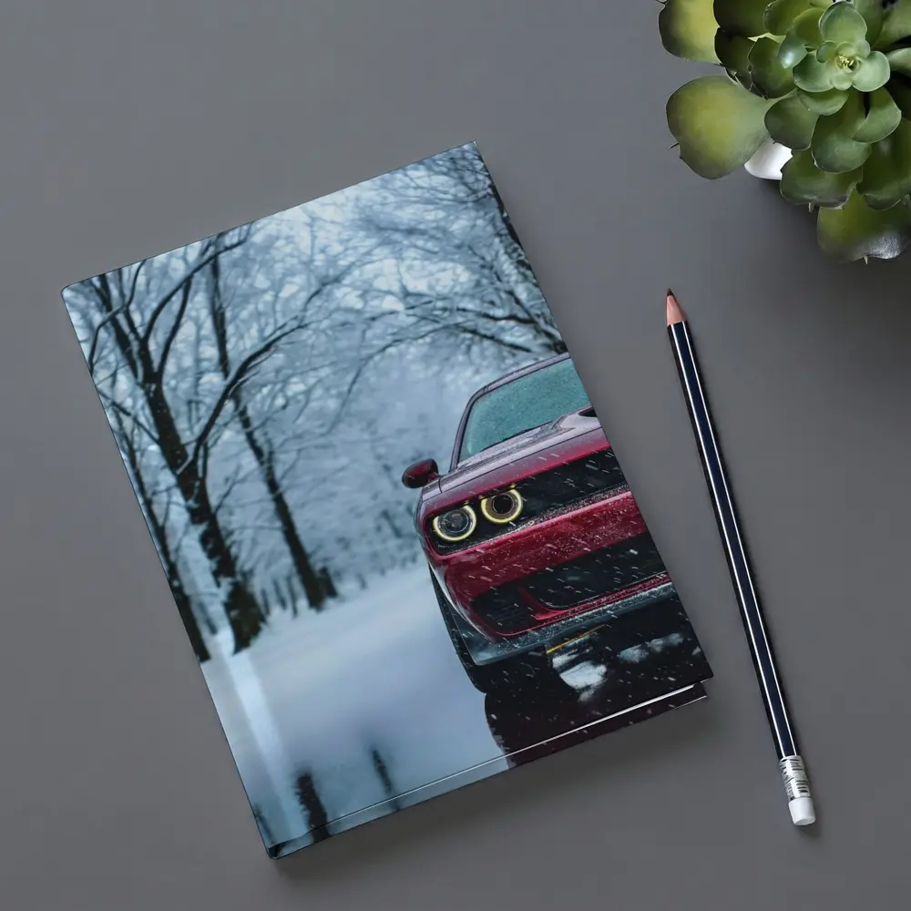 Red Dodge Challenger In Snowy Winter Forest – Notebooks
