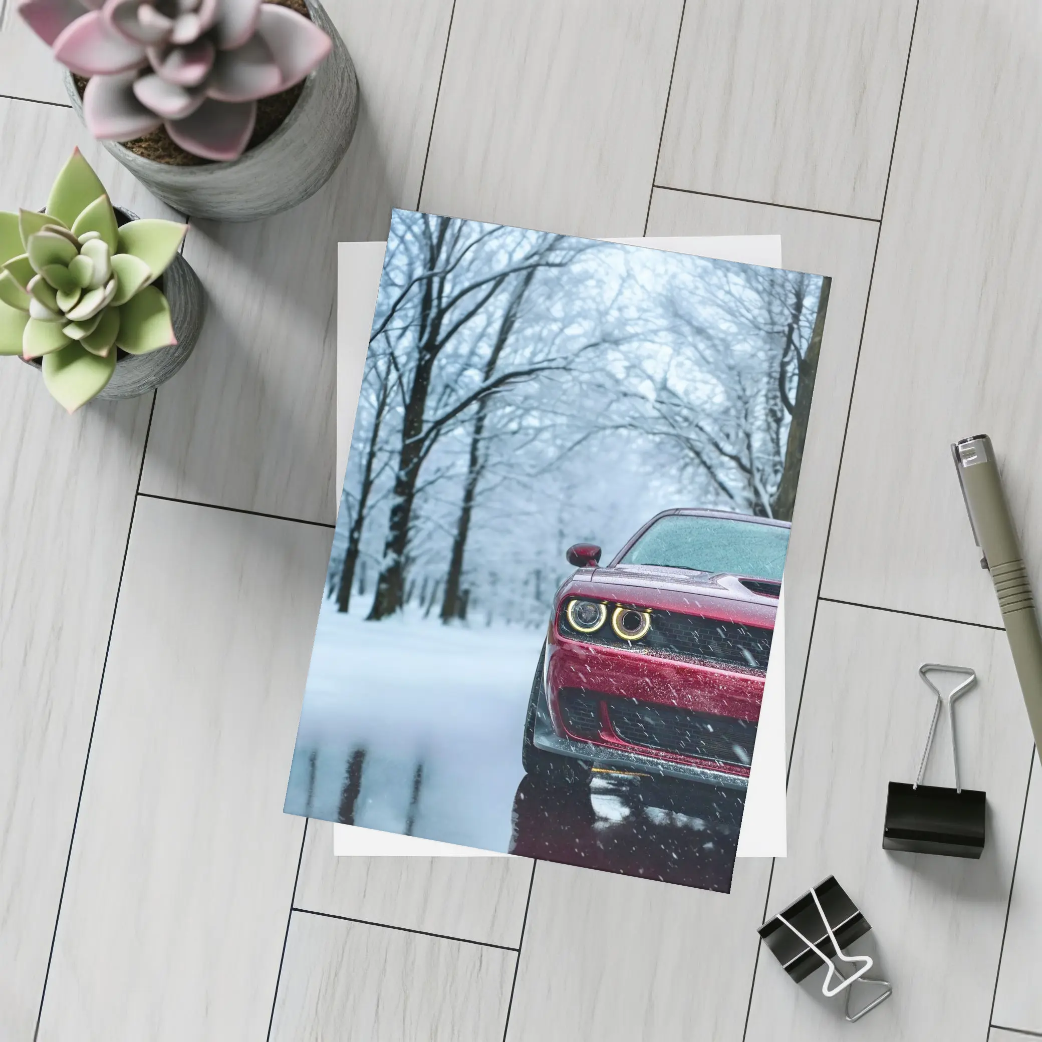 Red Dodge Challenger In Snowy Winter Forest – Postcards