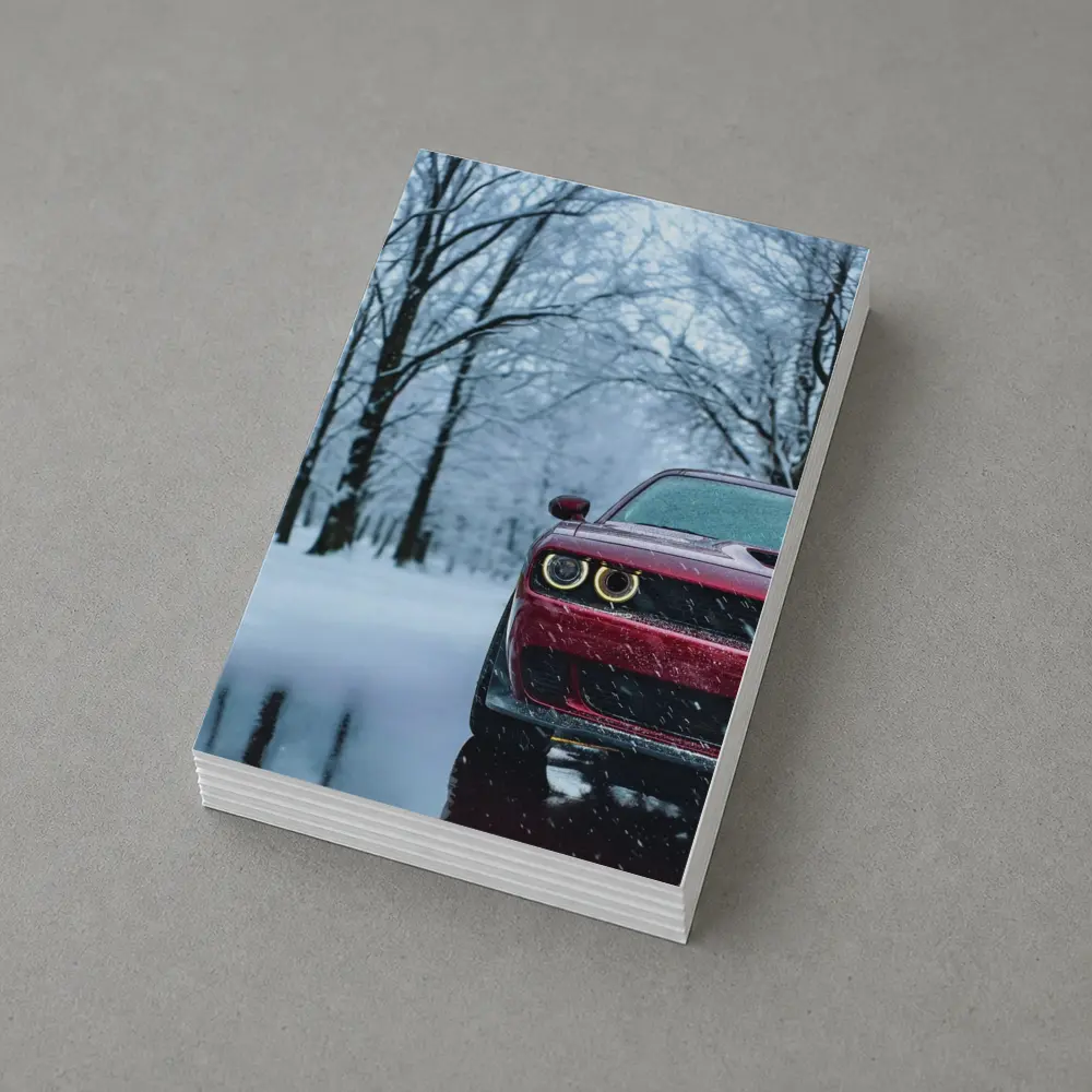 Red Dodge Challenger In Snowy Winter Forest – Postcards