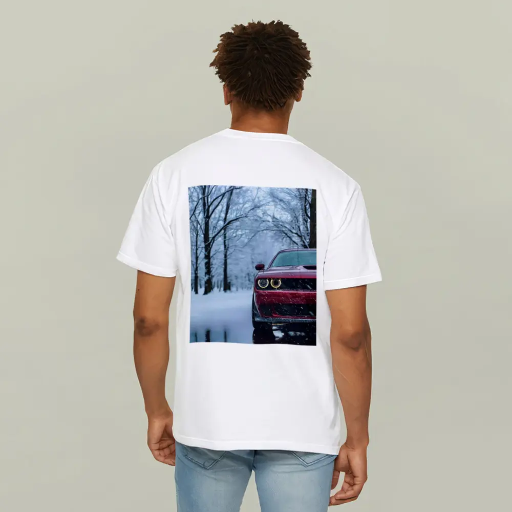 Red Dodge Challenger In Snowy Winter Forest – T-Shirts