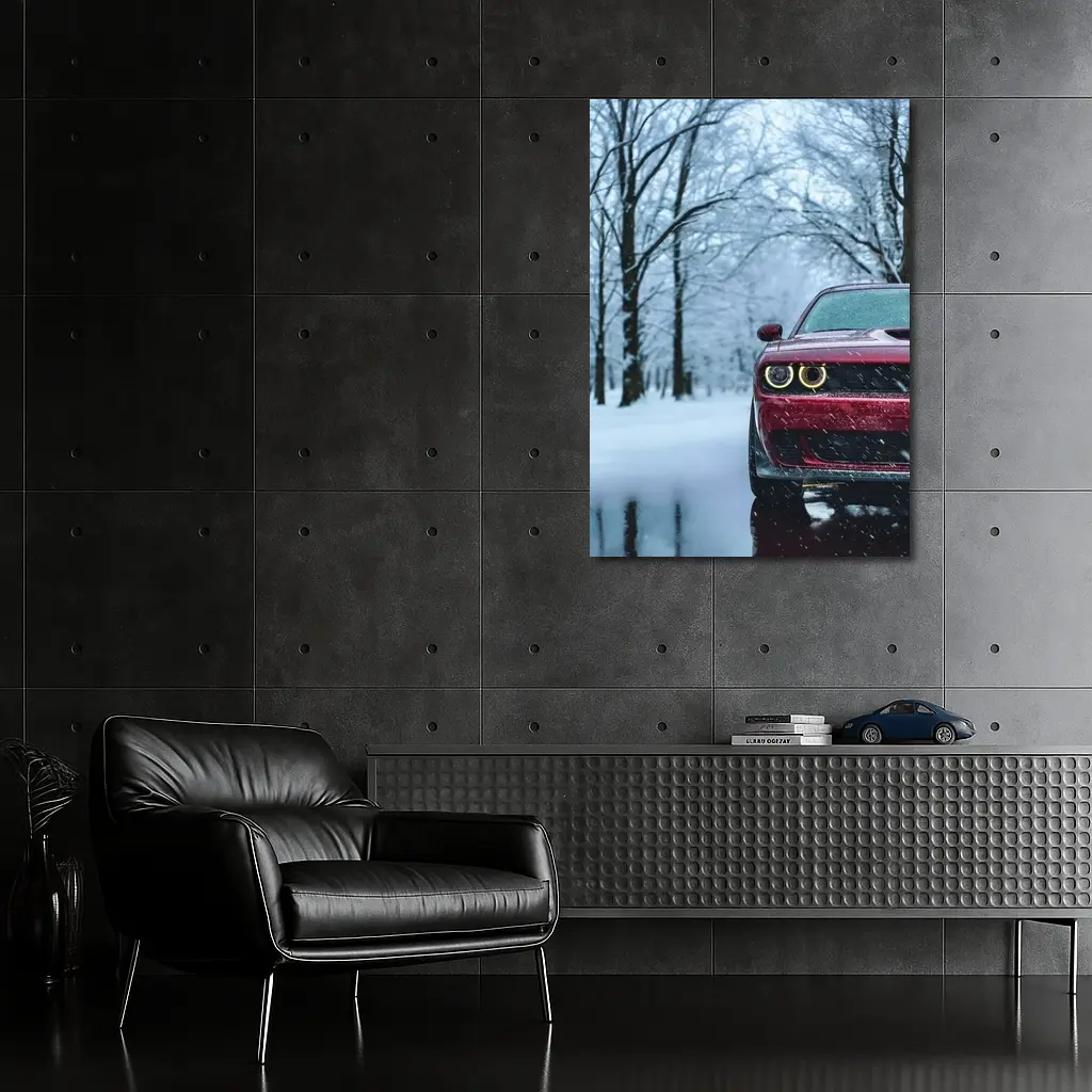 Red Dodge Challenger In Snowy Winter Forest – Wall Art
