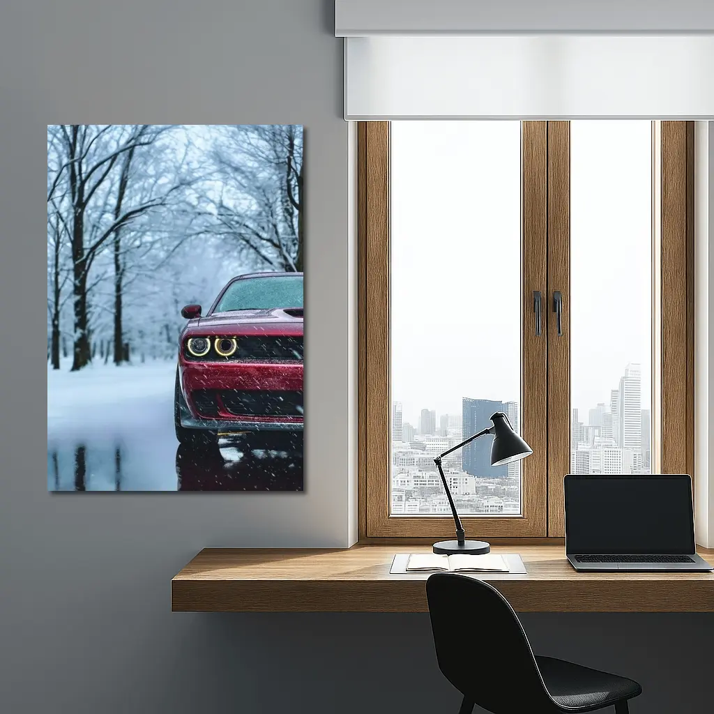 Red Dodge Challenger In Snowy Winter Forest – Wall Art