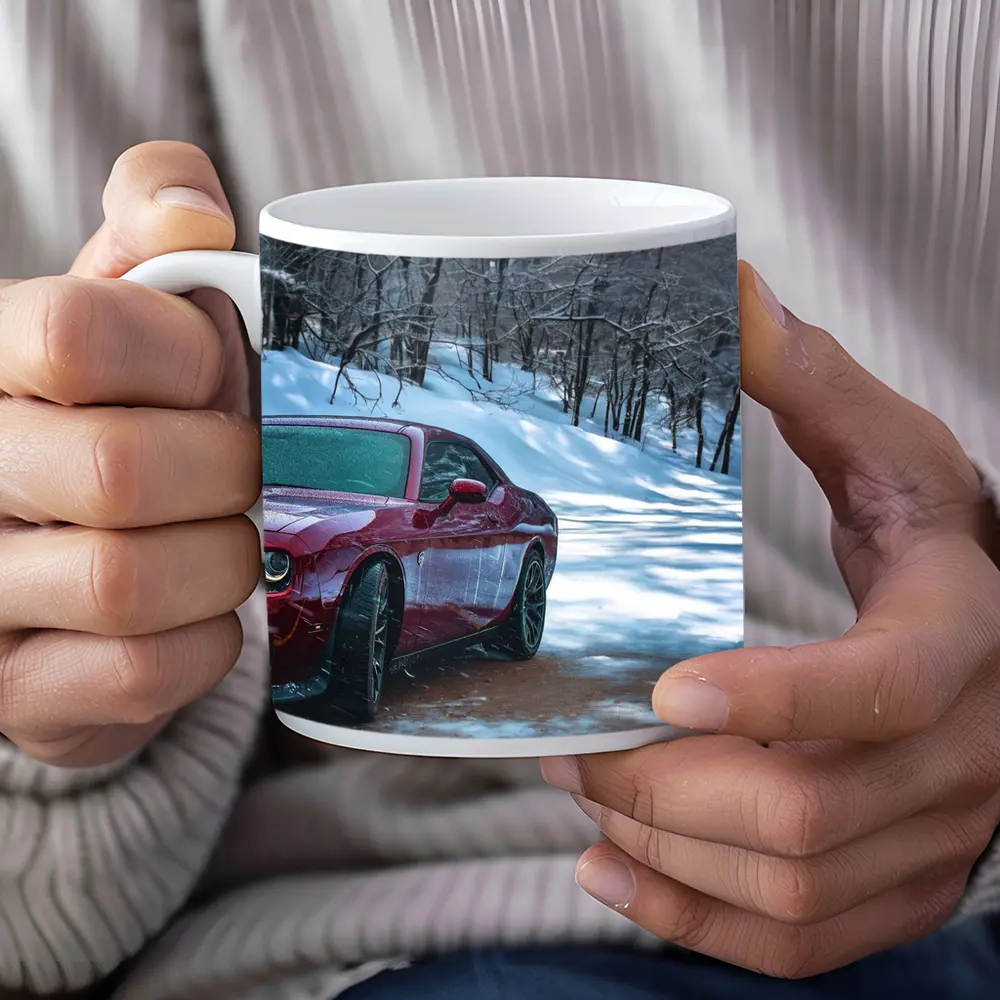 Dodge Challenger Red Car Snowy Forest Road – Mugs