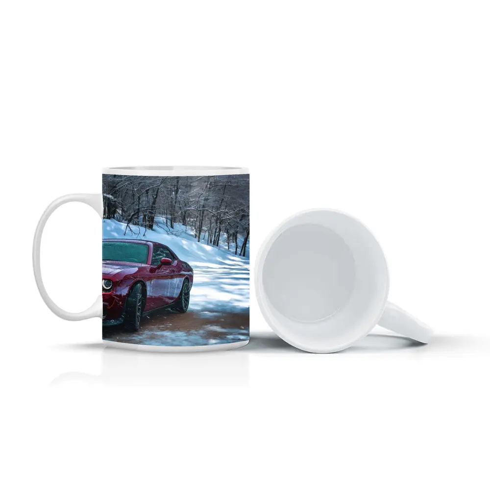 Dodge Challenger Red Car Snowy Forest Road – Mugs