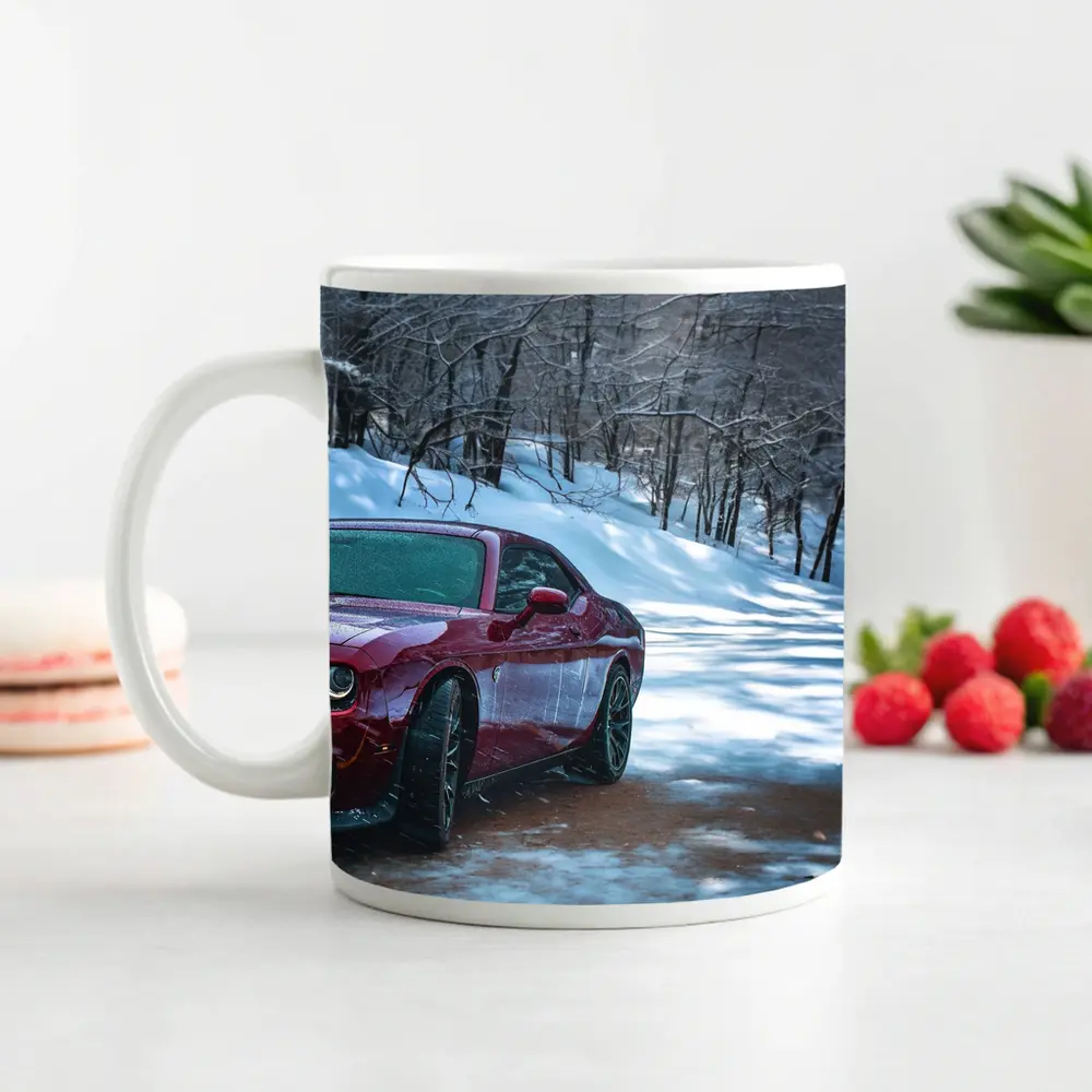 Dodge Challenger Red Car Snowy Forest Road – Mugs