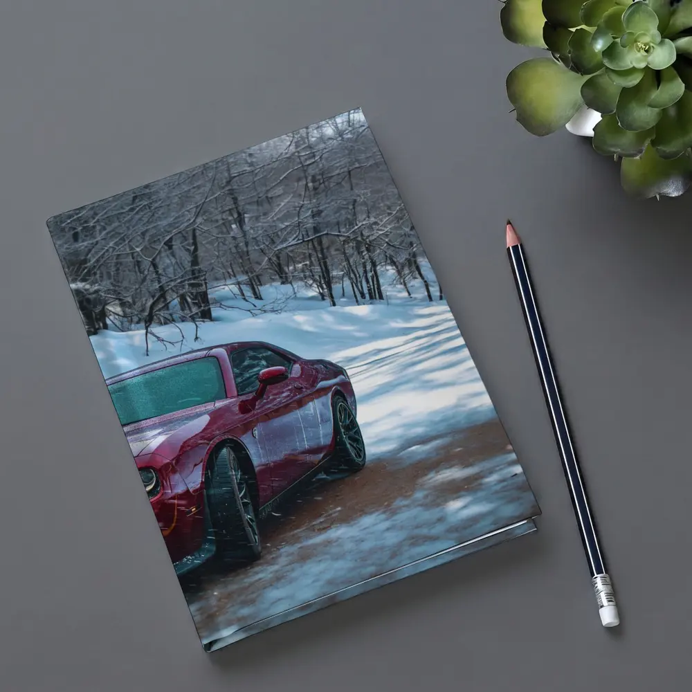 Dodge Challenger Red Car Snowy Forest Road – Notebooks