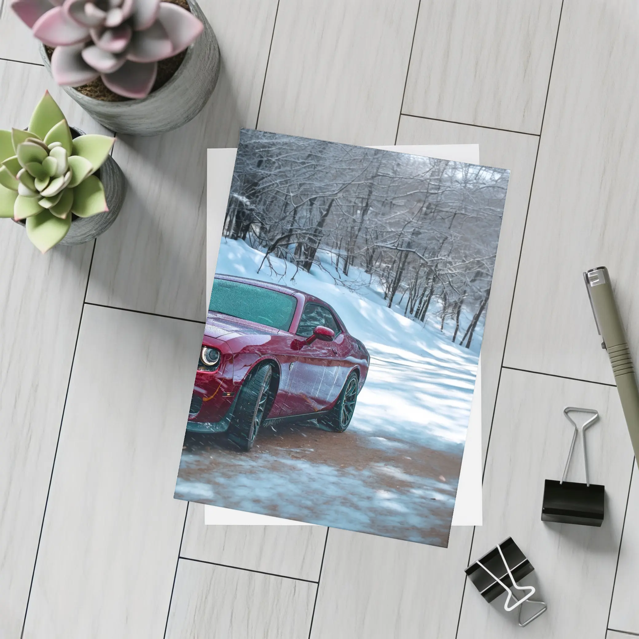 Dodge Challenger Red Car Snowy Forest Road – Postcards