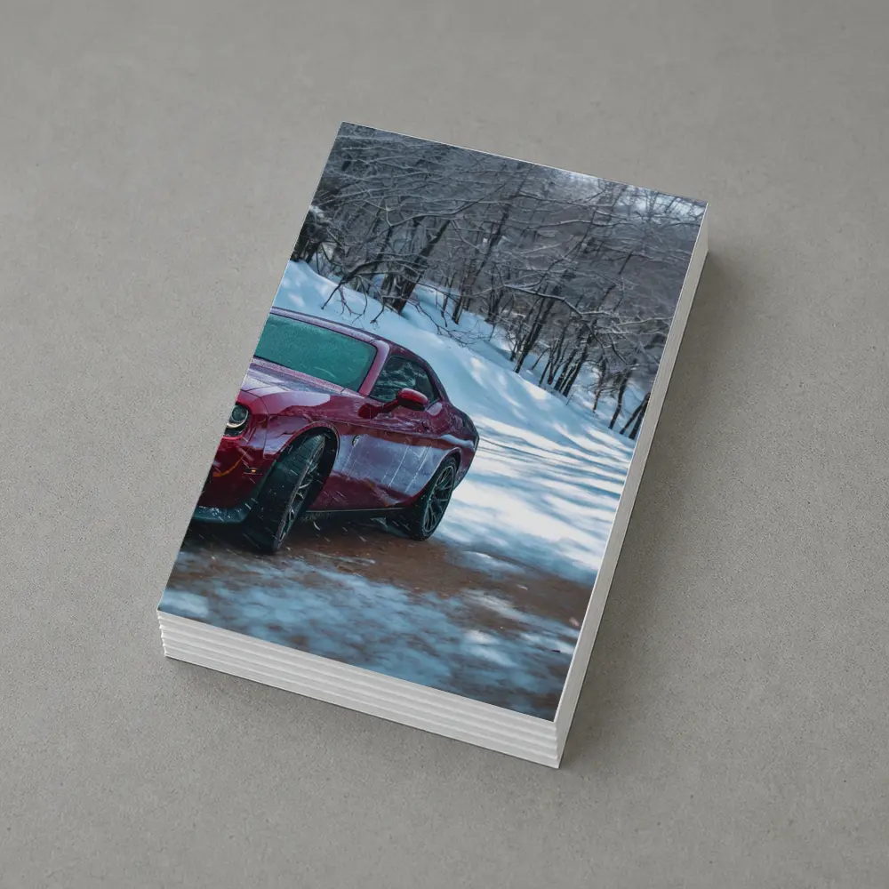 Dodge Challenger Red Car Snowy Forest Road – Postcards