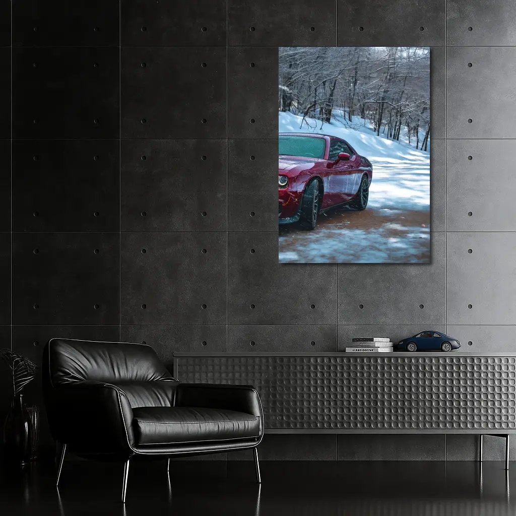 Dodge Challenger Red Car Snowy Forest Road – Wall Art