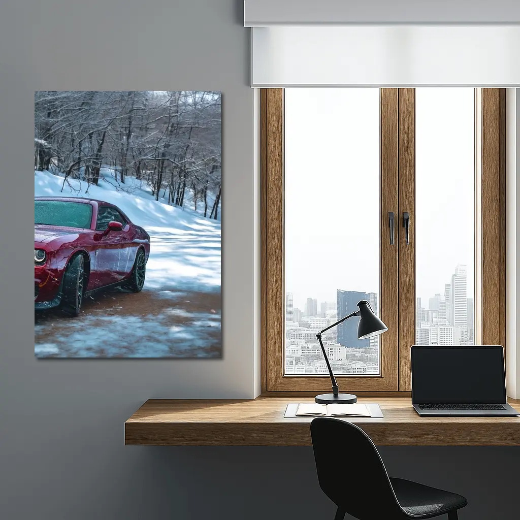 Dodge Challenger Red Car Snowy Forest Road – Wall Art