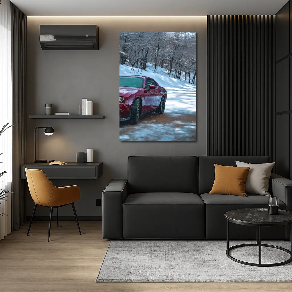Dodge Challenger Red Car Snowy Forest Road – Wall Art