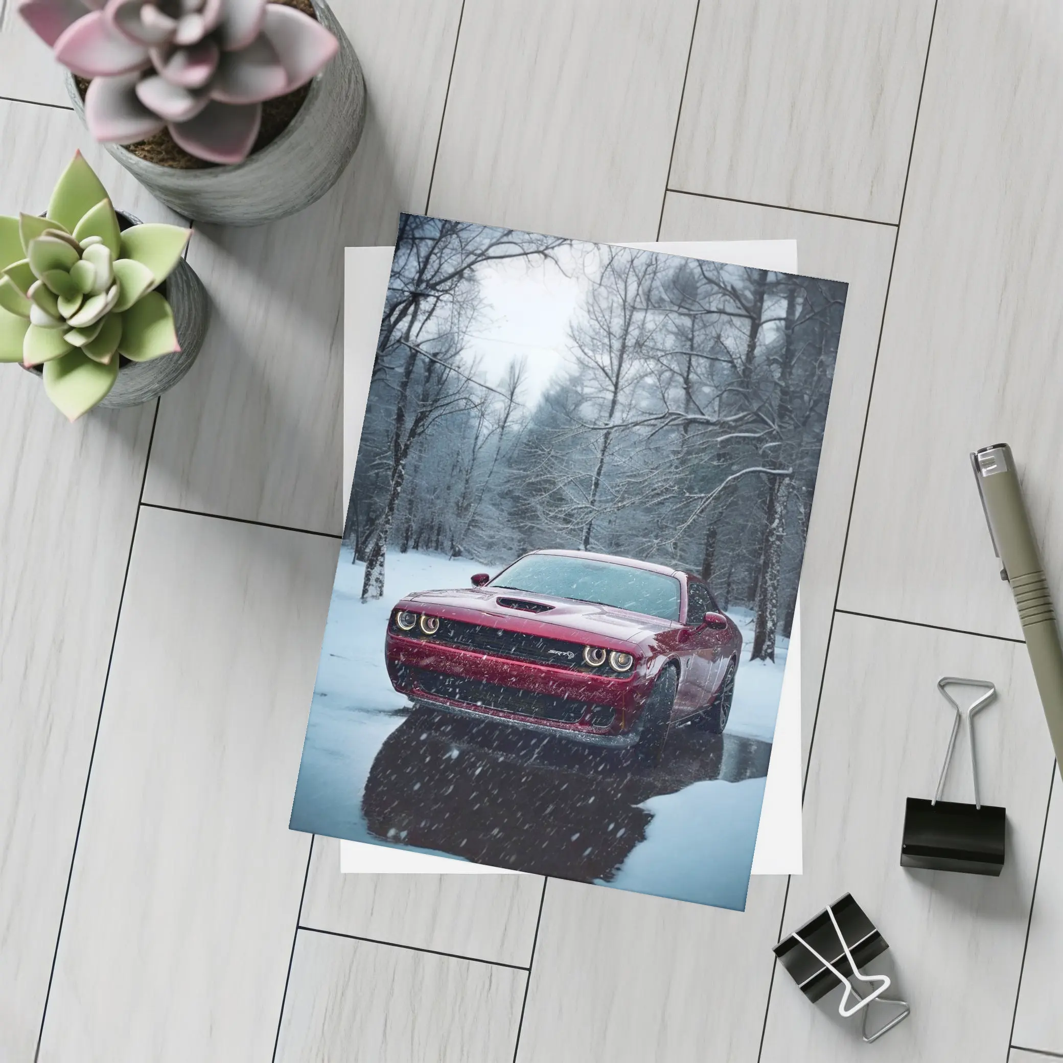 Dodge Challenger SRT Red Snowy Forest – Postcards