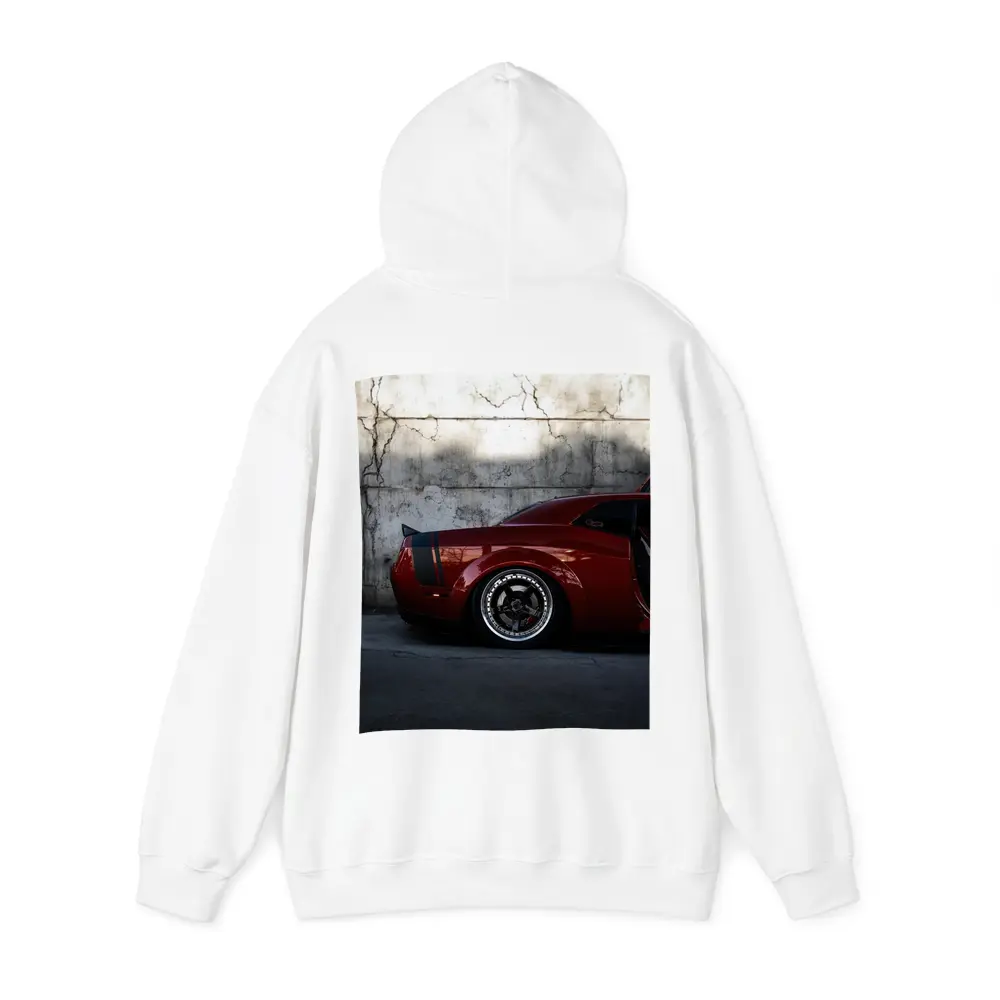 Red Dodge Challenger Parked Against Concrete Wall – Hoodies