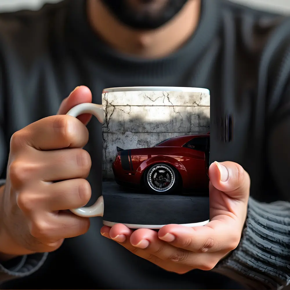 Red Dodge Challenger Parked Against Concrete Wall – Mugs