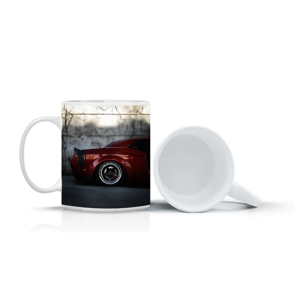 Red Dodge Challenger Parked Against Concrete Wall – Mugs