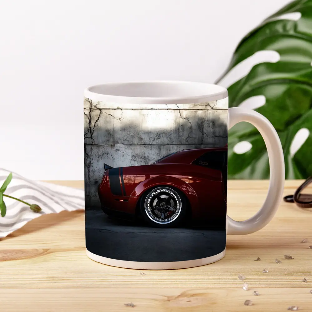 Red Dodge Challenger Parked Against Concrete Wall – Mugs