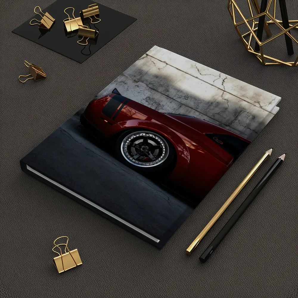 Red Dodge Challenger Parked Against Concrete Wall – Notebooks