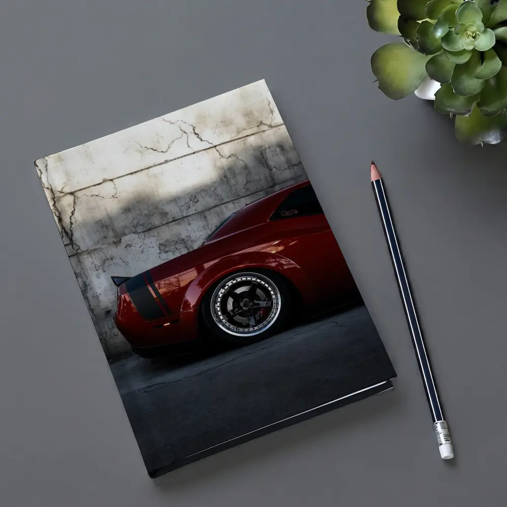 Red Dodge Challenger Parked Against Concrete Wall – Notebooks