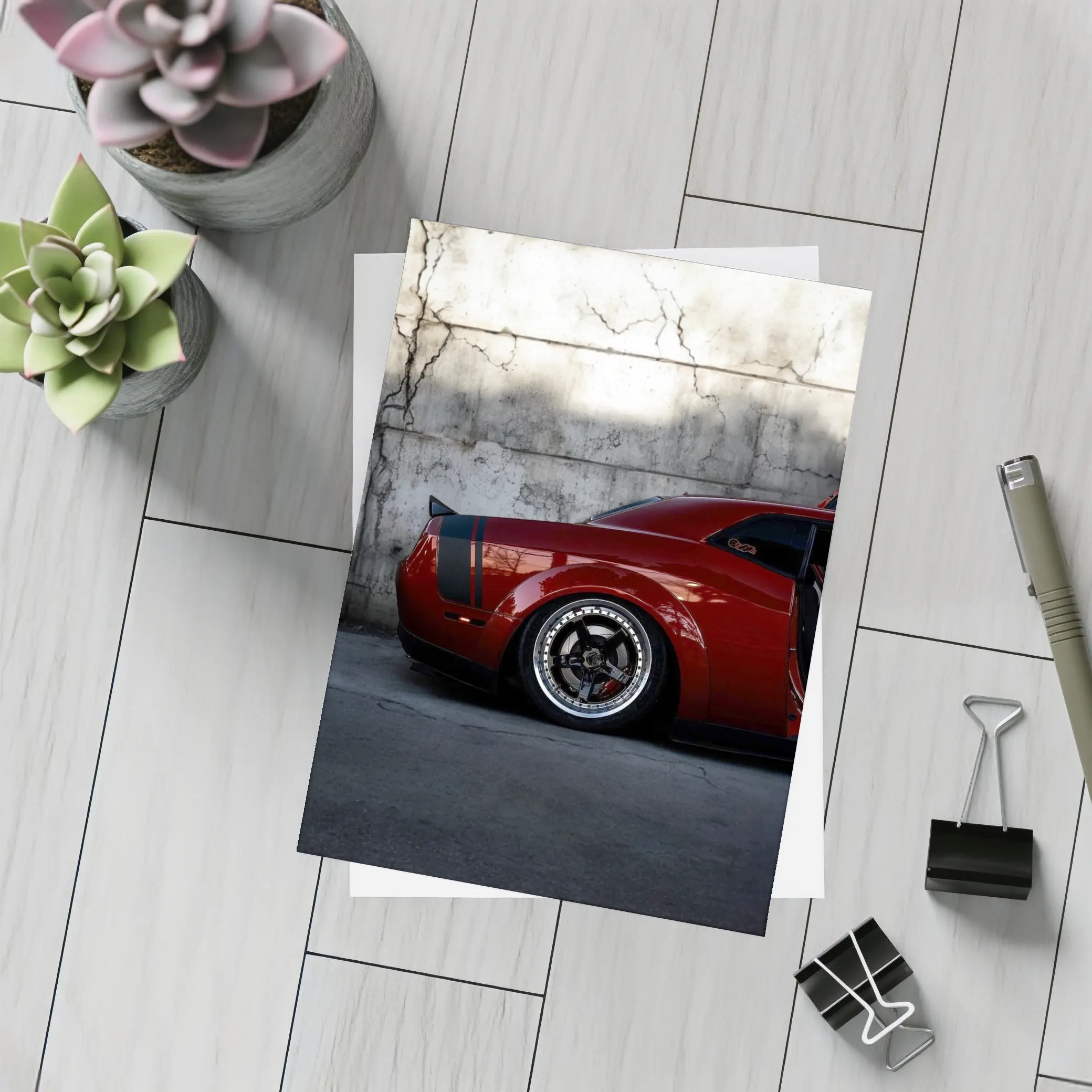 Red Dodge Challenger Parked Against Concrete Wall – Postcards