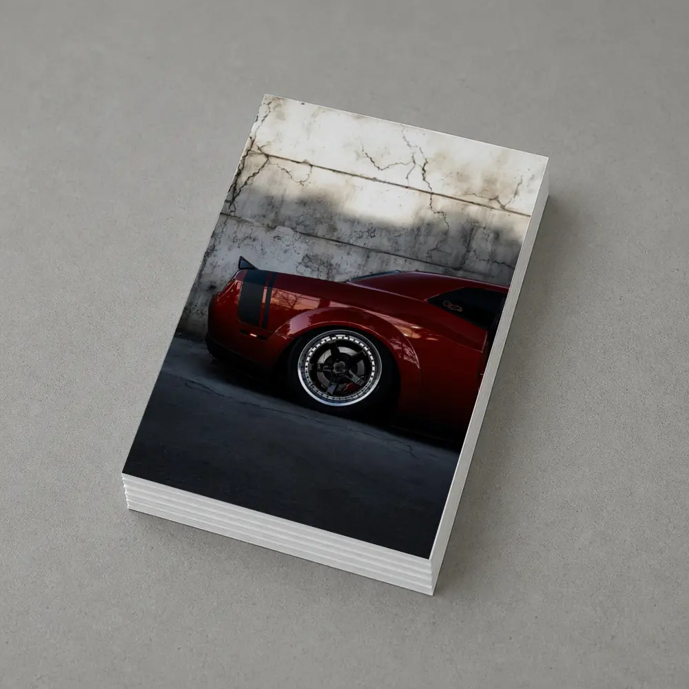 Red Dodge Challenger Parked Against Concrete Wall – Postcards