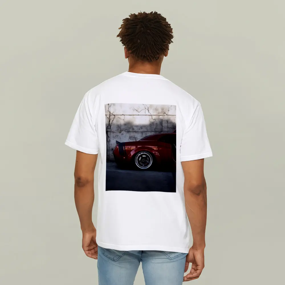 Red Dodge Challenger Parked Against Concrete Wall – T-Shirts