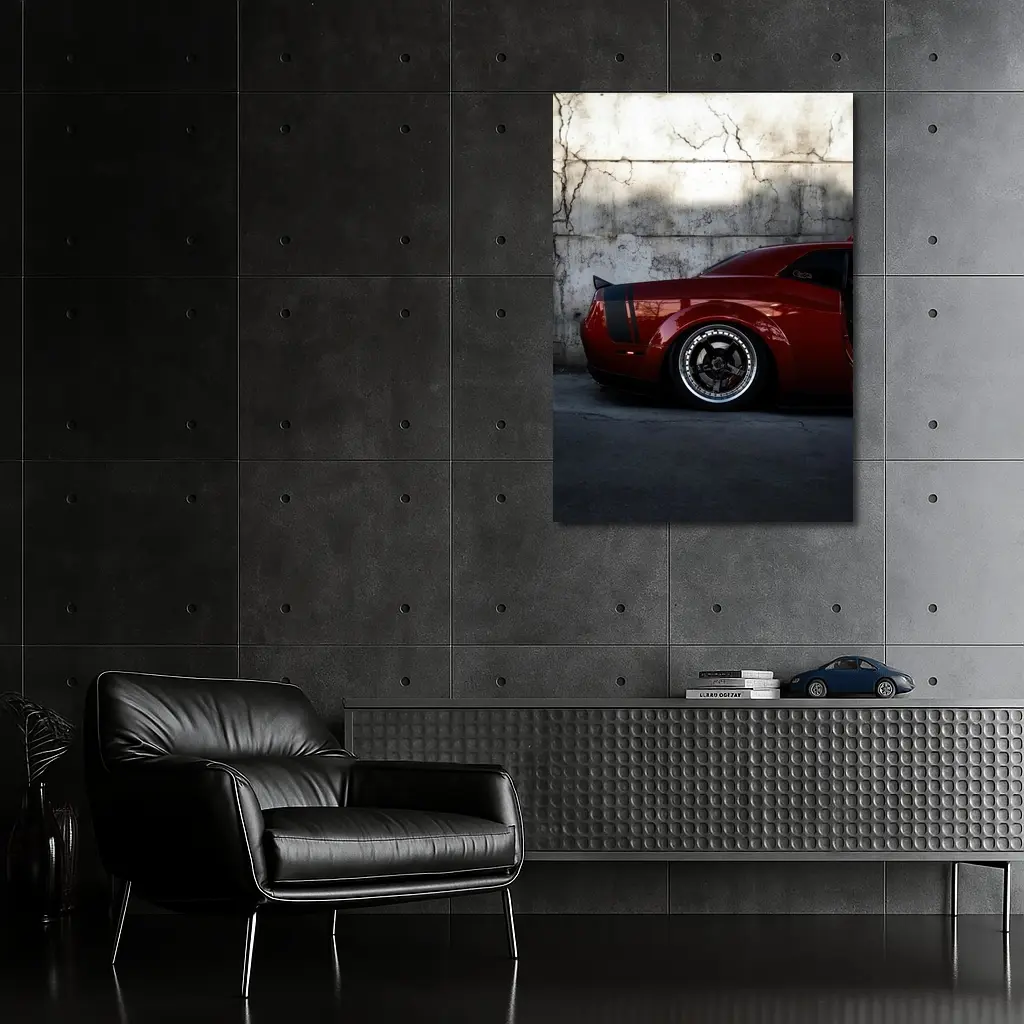 Red Dodge Challenger Parked Against Concrete Wall – Wall Art