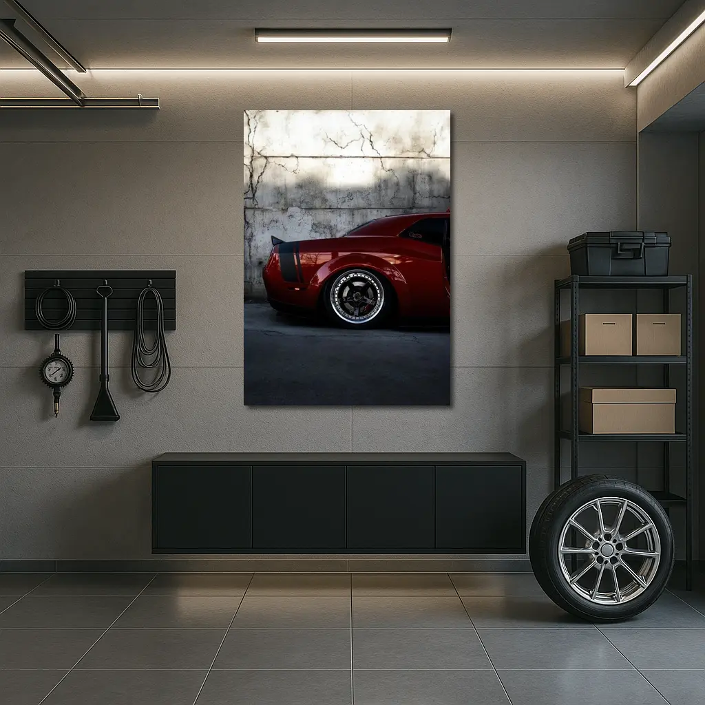 Red Dodge Challenger Parked Against Concrete Wall – Wall Art