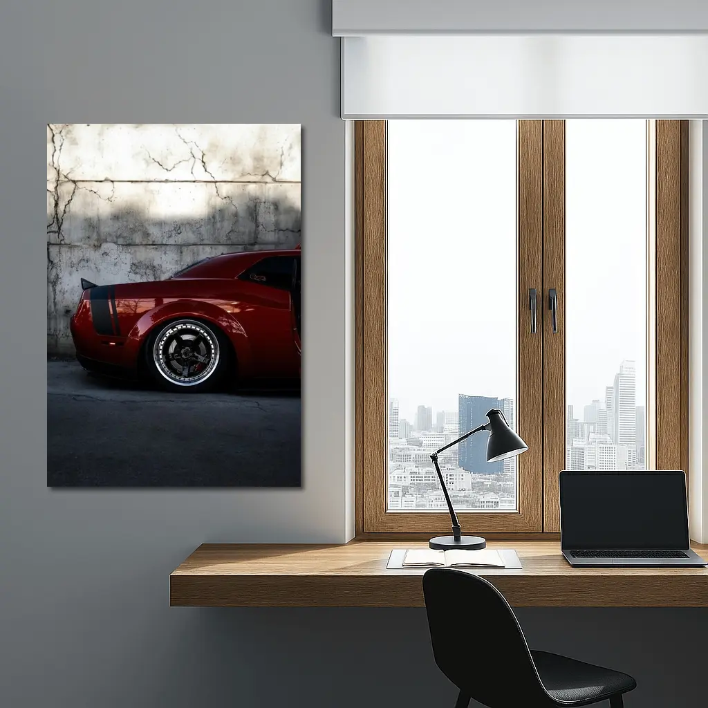 Red Dodge Challenger Parked Against Concrete Wall – Wall Art