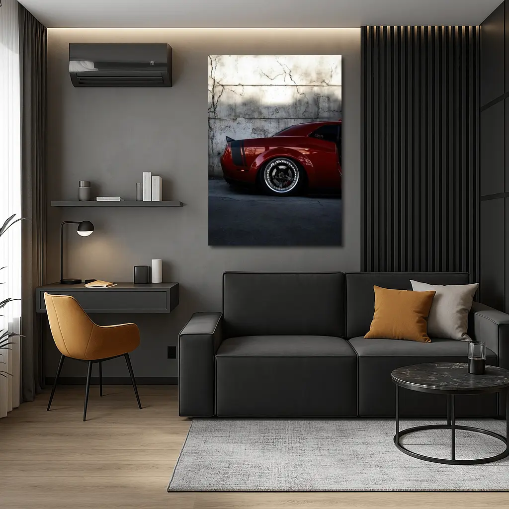 Red Dodge Challenger Parked Against Concrete Wall – Wall Art