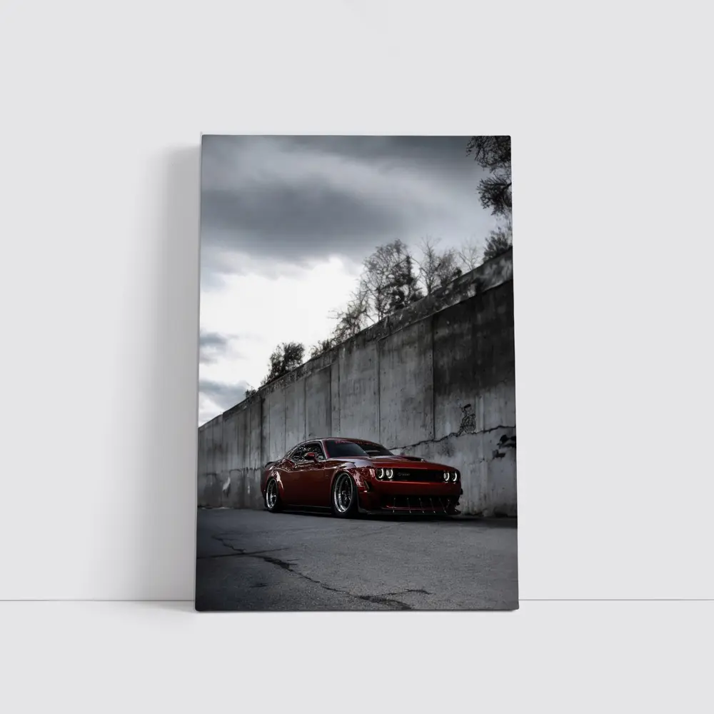 Dodge Challenger LA Red Widebody at Concrete Wall – Wall Art