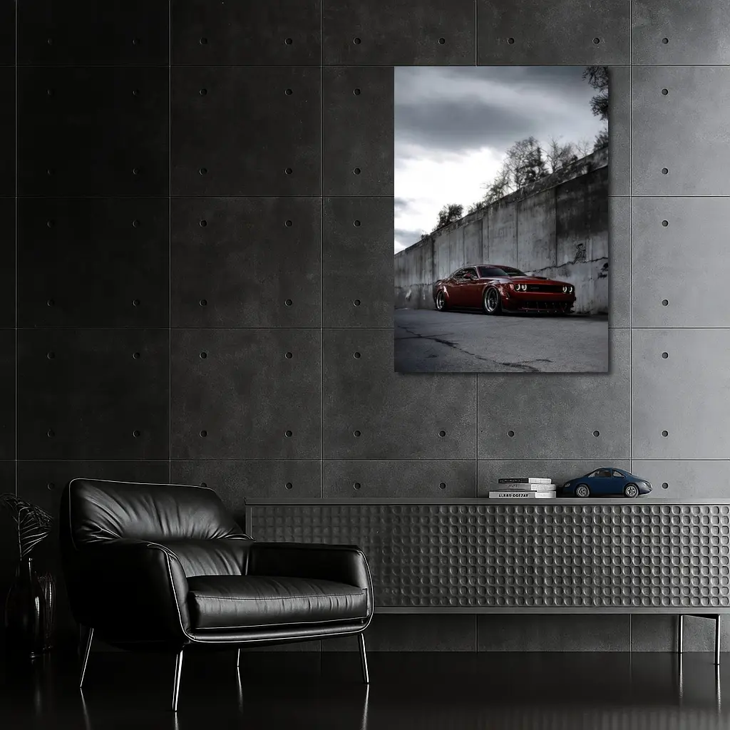 Dodge Challenger LA Red Widebody at Concrete Wall – Wall Art