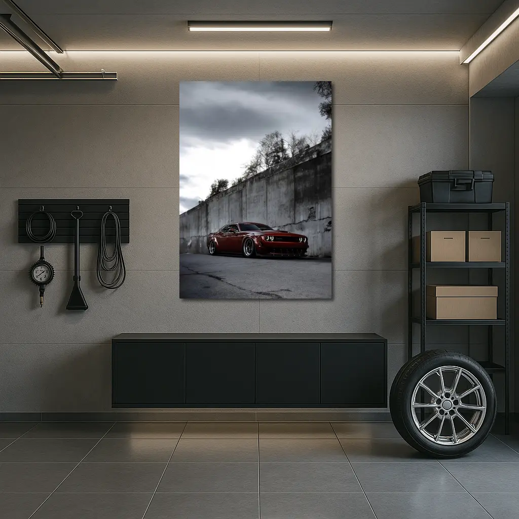 Dodge Challenger LA Red Widebody at Concrete Wall – Wall Art