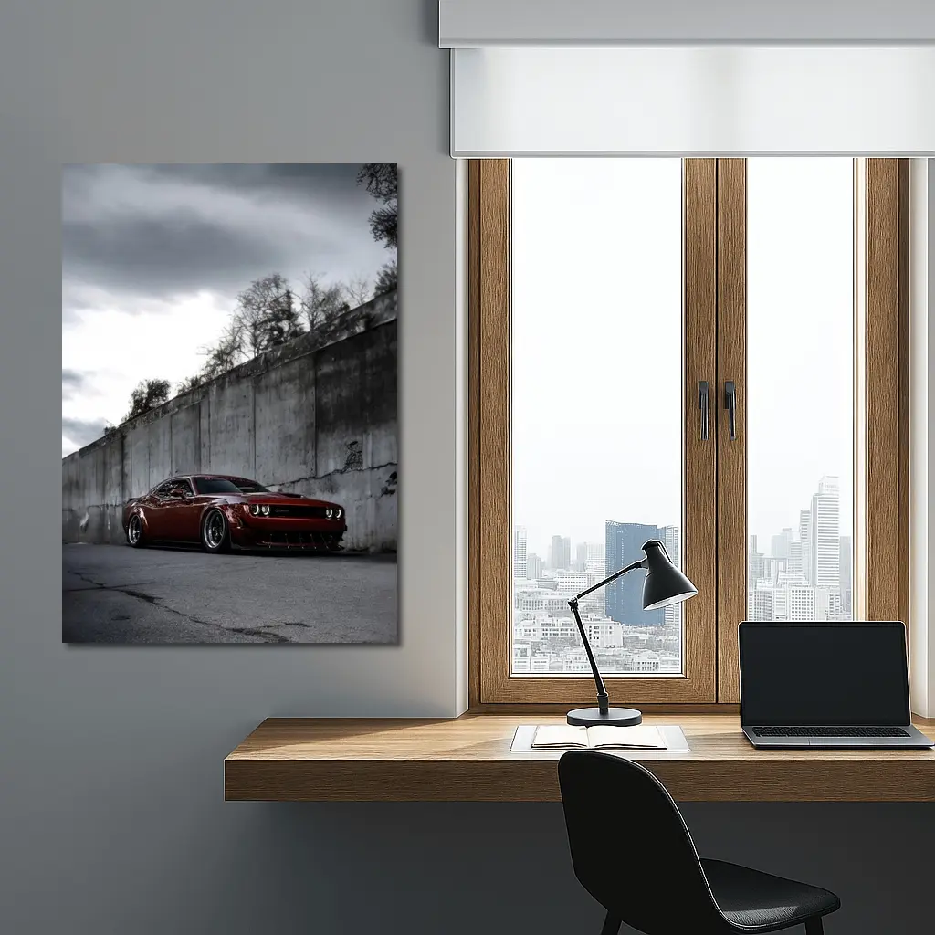 Dodge Challenger LA Red Widebody at Concrete Wall – Wall Art