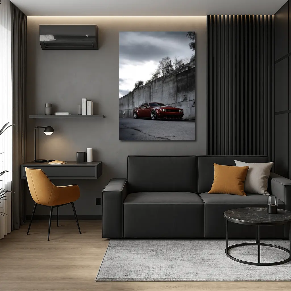 Dodge Challenger LA Red Widebody at Concrete Wall – Wall Art