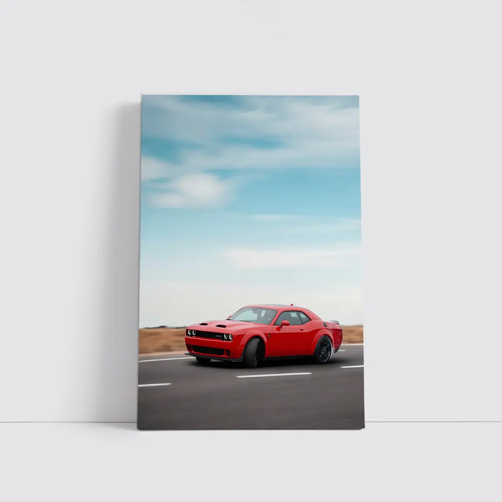 Red Dodge Challenger Speeding On Open Road – Wall Art